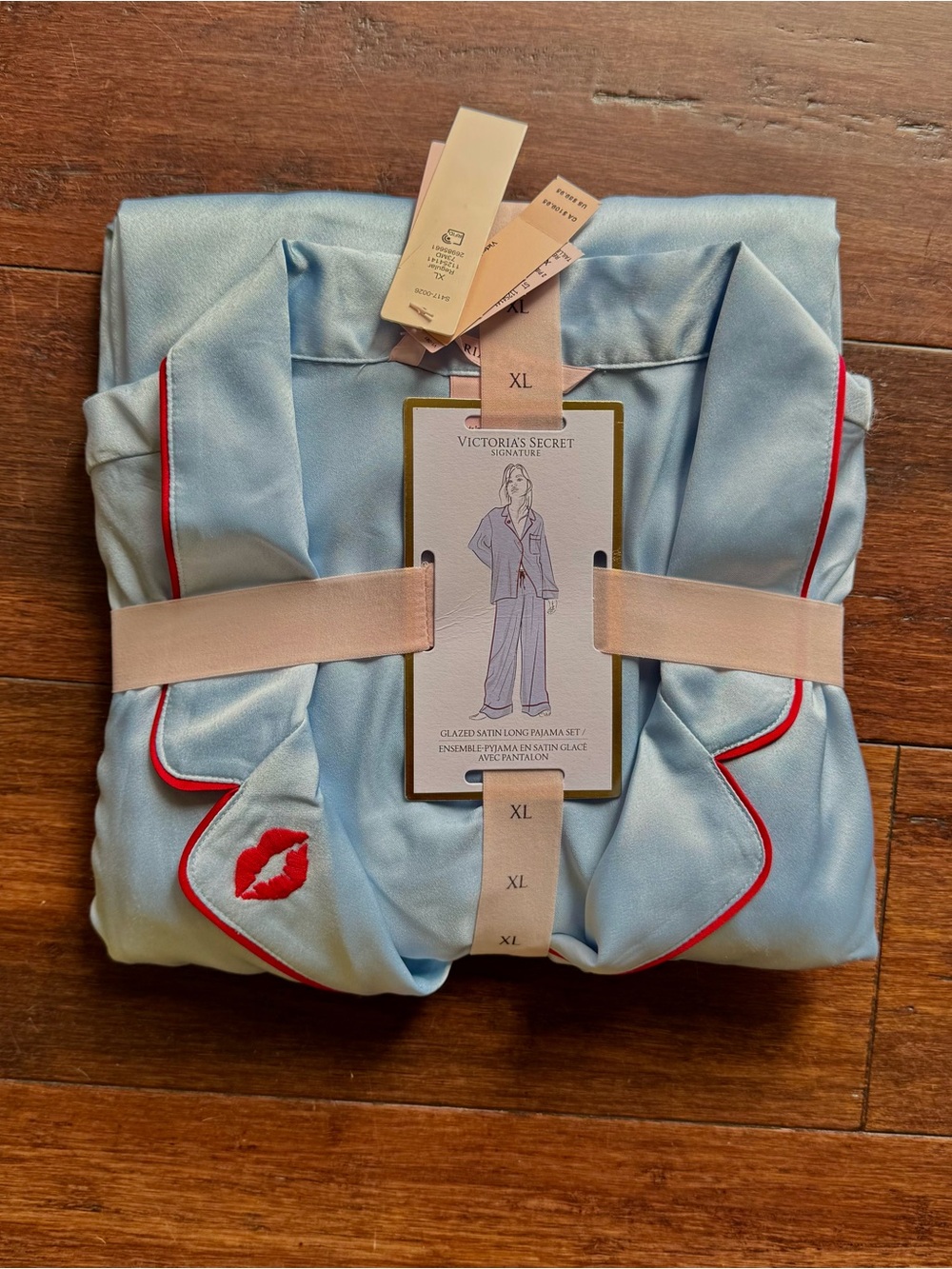 Victoria's Secret Light Blue Satin Pajama Set with Pink Trim
